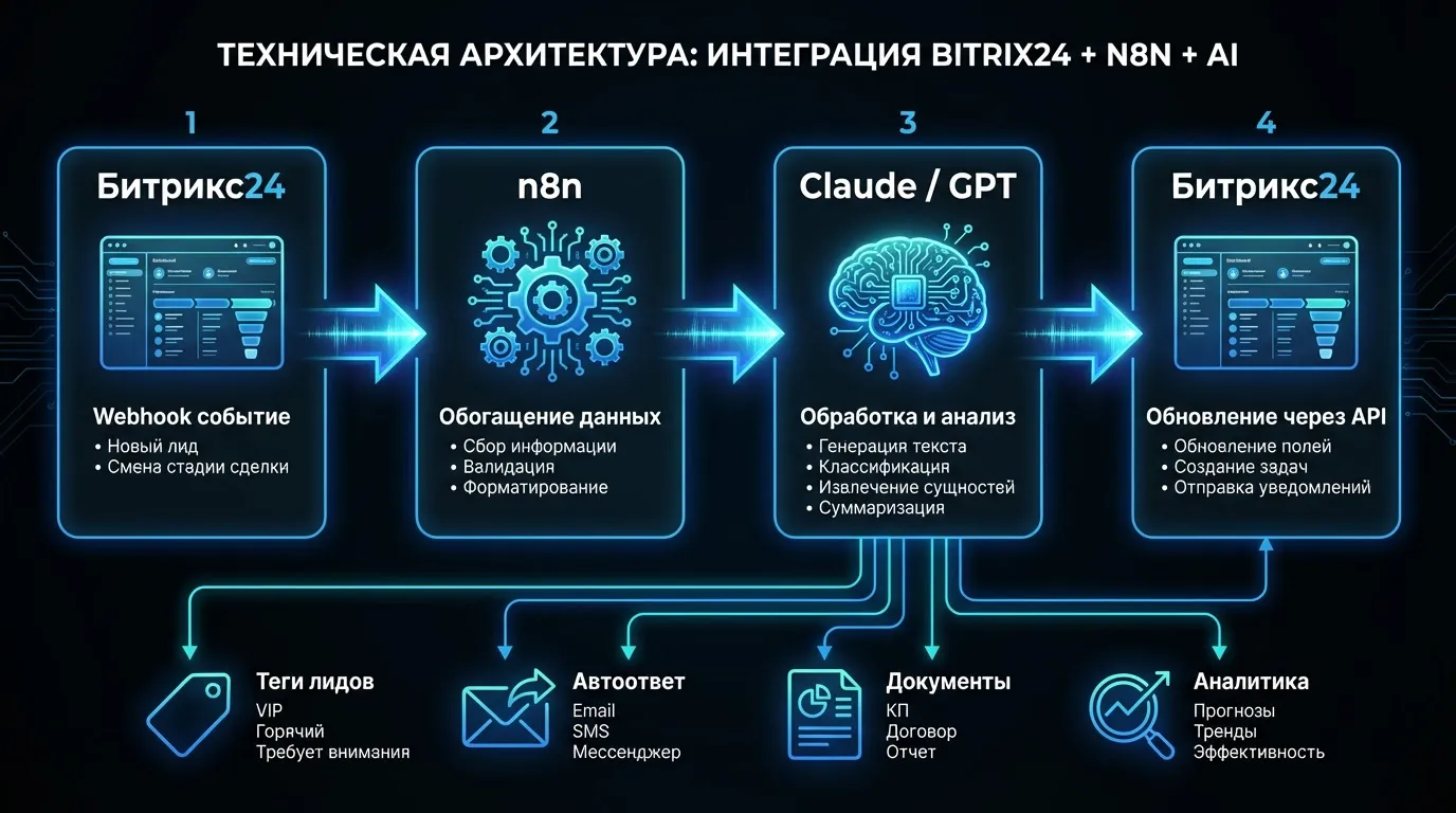Архитектура интеграции: Битрикс24 Webhook → n8n оркестратор → Claude/GPT обработка → Битрикс24 API обновление