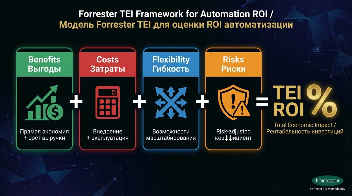 Forrester TEI Framework: Benefits + Costs + Flexibility + Risks = Total Economic Impact