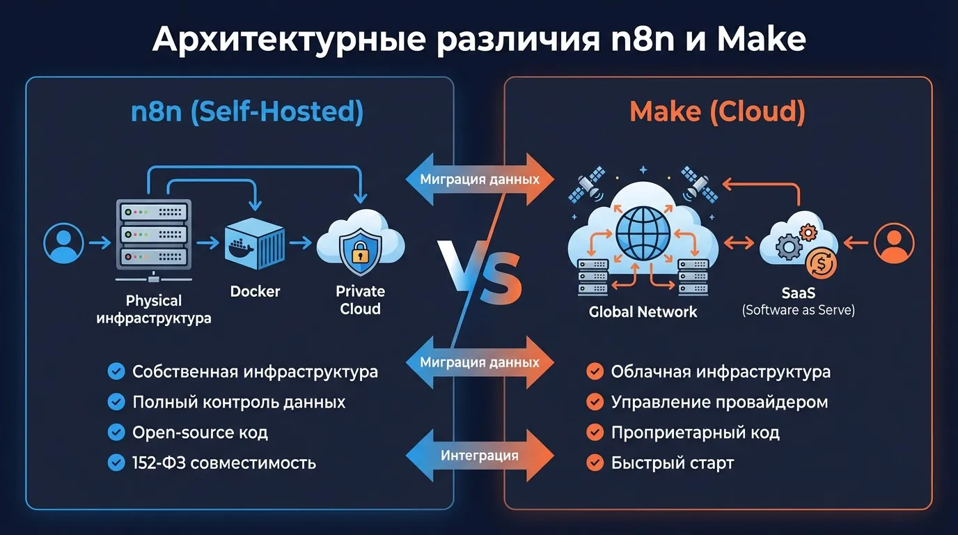 Архитектурные различия n8n (Self-Hosted) и Make (Cloud)