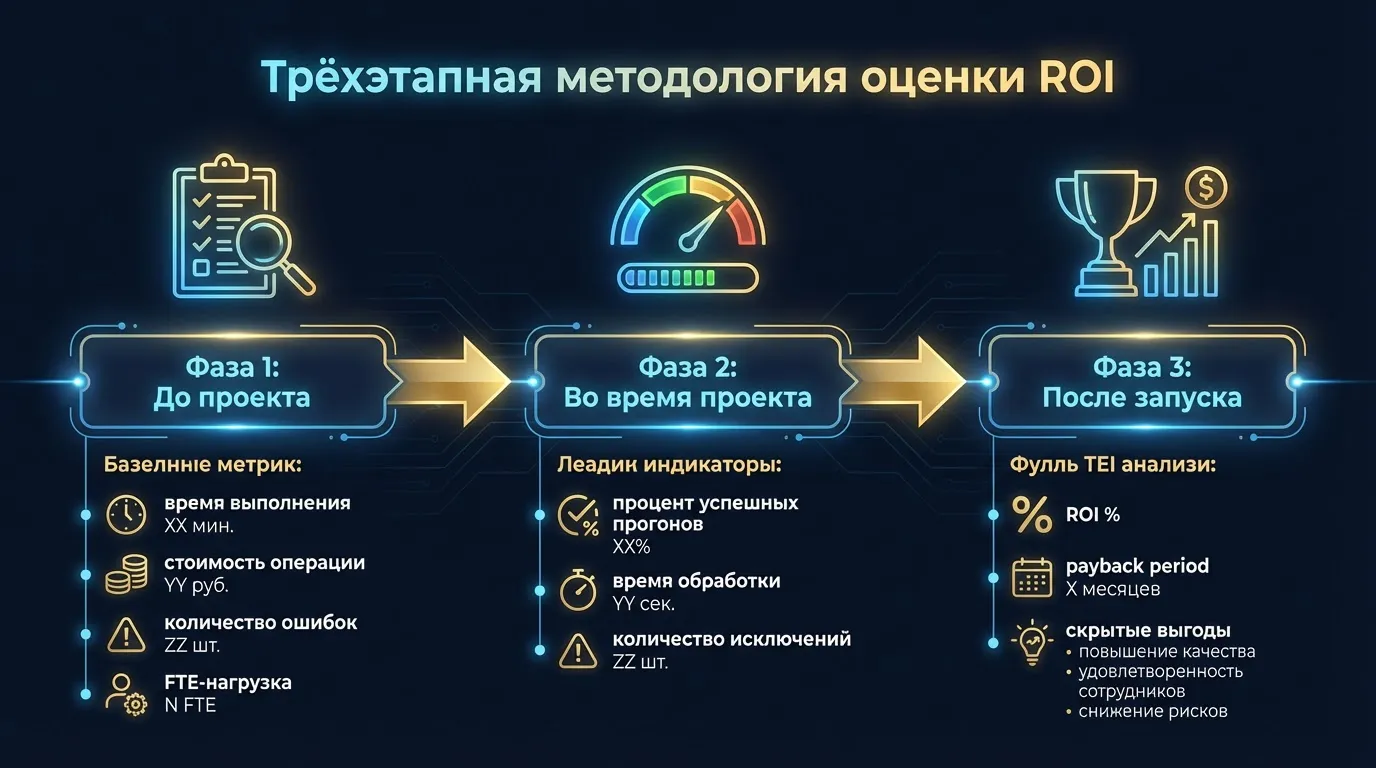 Трёхэтапная методология оценки ROI: до проекта, во время проекта, после запуска