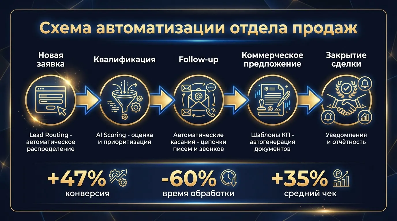 Схема автоматизации отдела продаж: 5 этапов — Lead Routing, Follow-up, Шаблоны, Уведомления, Отчётность